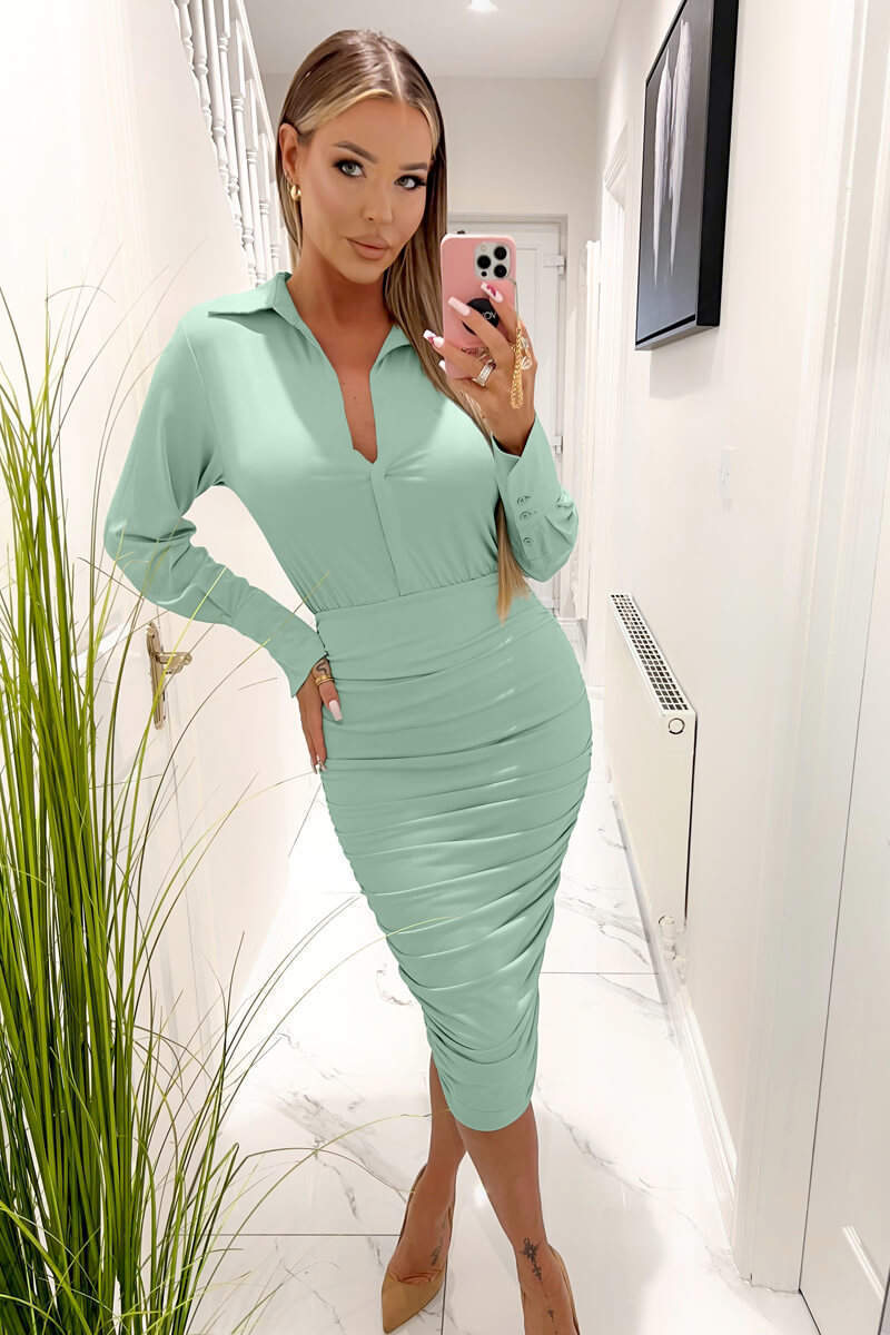 Duck Egg Bodycon Long Sleeve Shirt Dress - Swimclubus