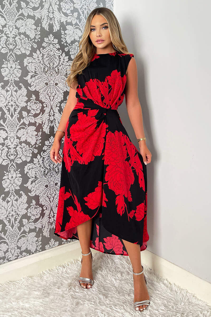 Black And Red Floral Print Wrap Midi Dress - Swimclubus