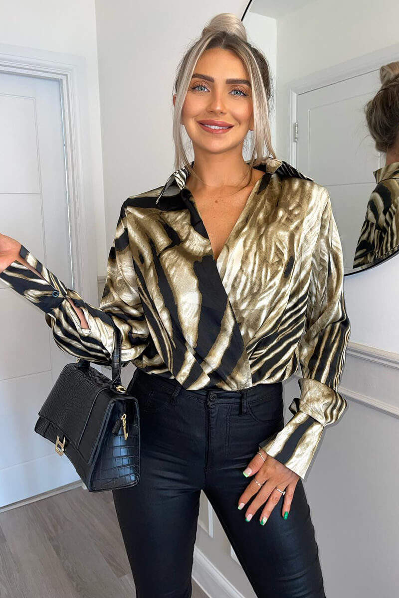 Brown Printed Wrap Top Long Sleeve Bodysuit - Swimclubus