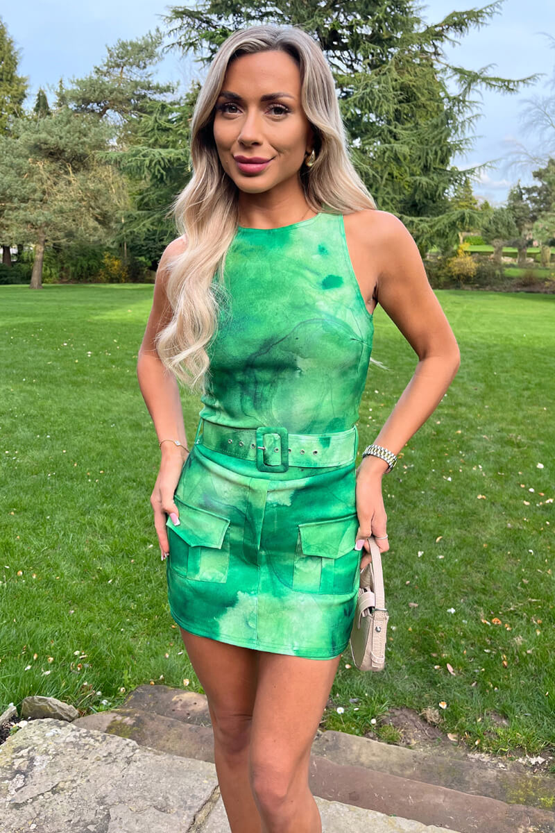 Green Tie Dye Round Neck Belted Skort Cargo Playsuit - Swimclubus