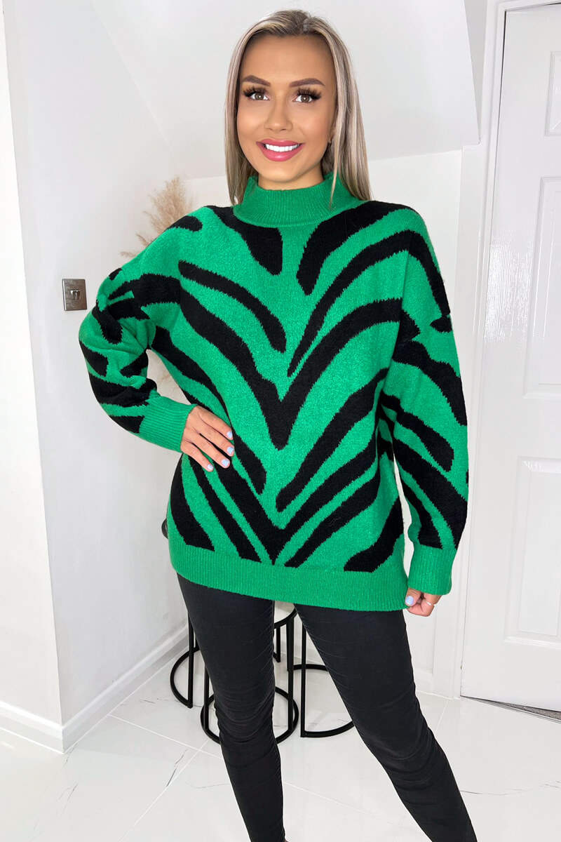 Green Animal Print Long Sleeve High Neck Soft Knitted Jumper - Swimclubus