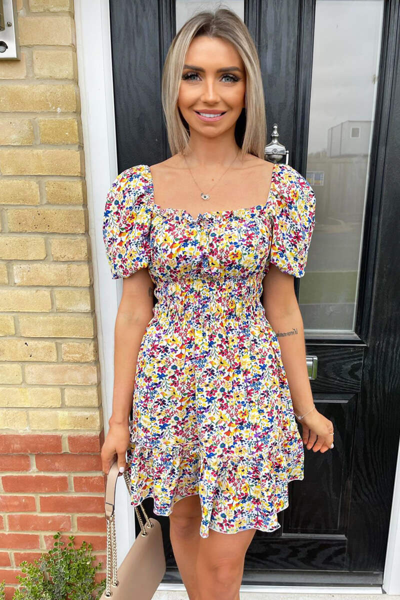 Cream Floral Shirred Waist Puff Sleeve Dress - Swimclubus