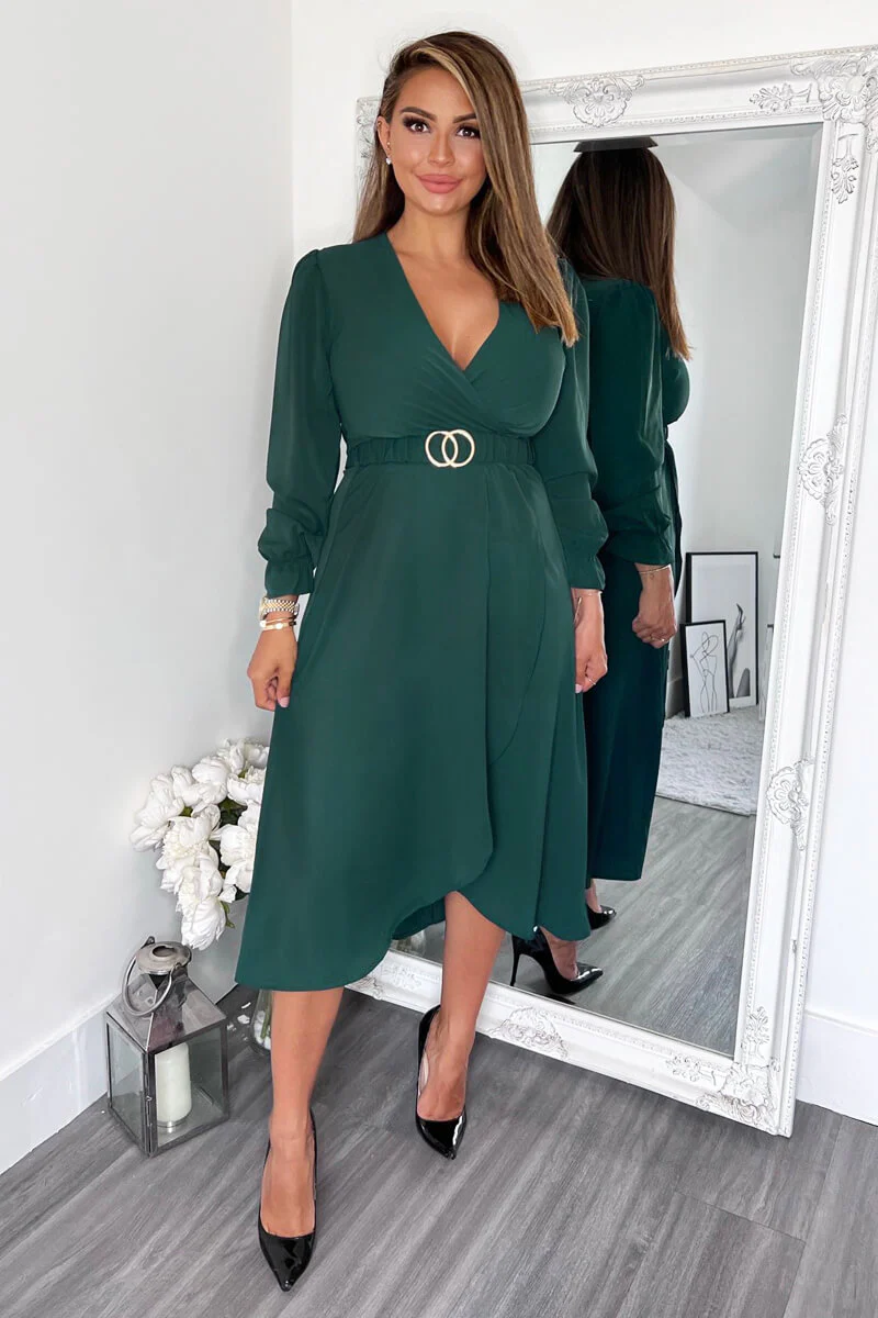Teal Long Sleeve Belted Midi Dress - Swimclubus