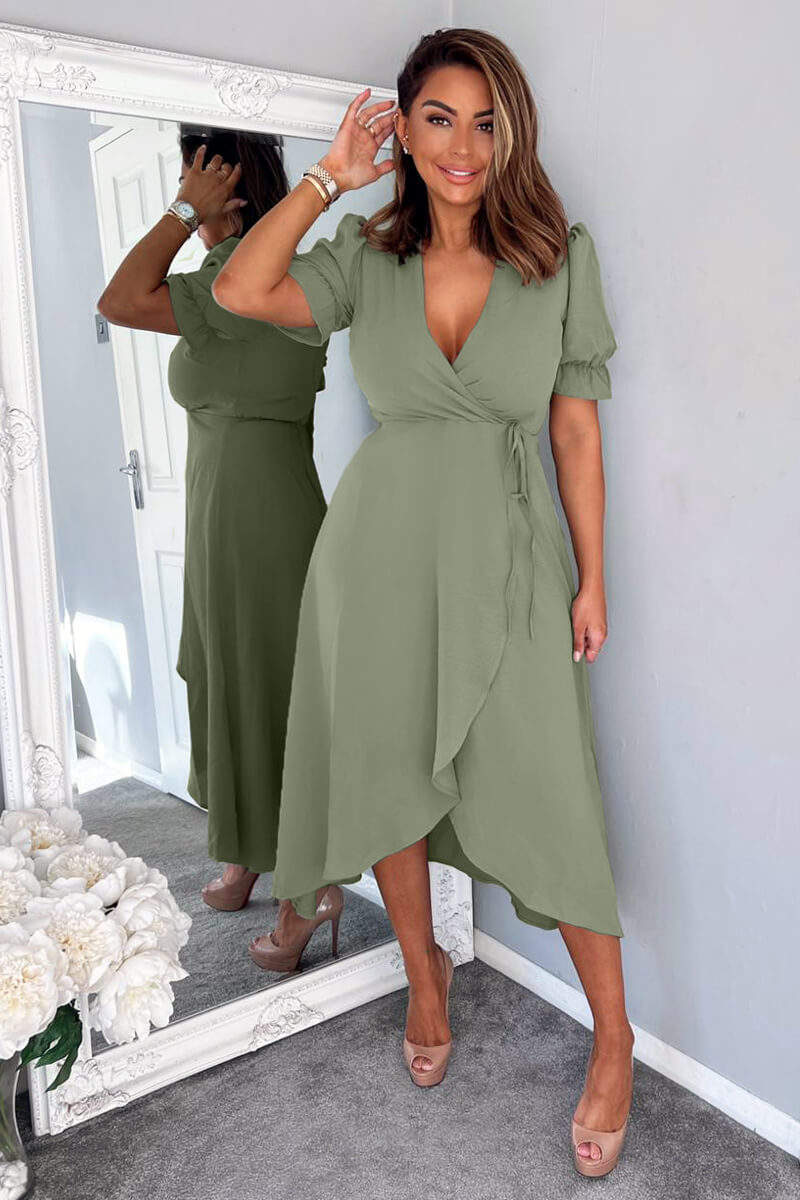 Khaki Wrap Side Tie Midi Dress - Swimclubus