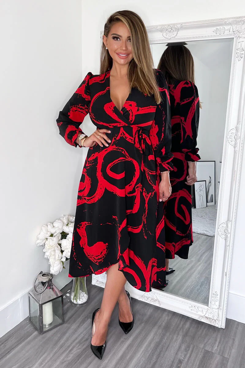 Black and Red Long Sleeve Wrap Midi Dress - Swimclubus
