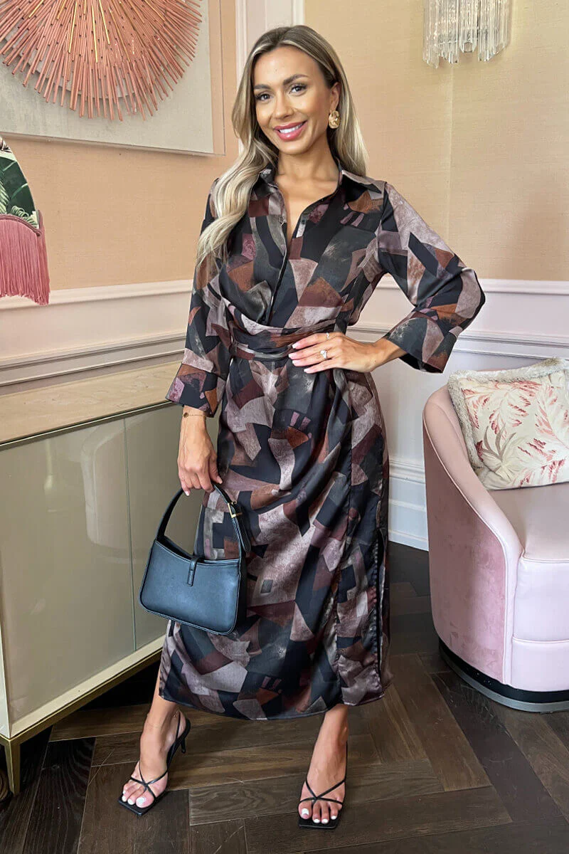 Multi Abstract Print 3/4 Sleeve Shirt Midi Dress - Swimclubus
