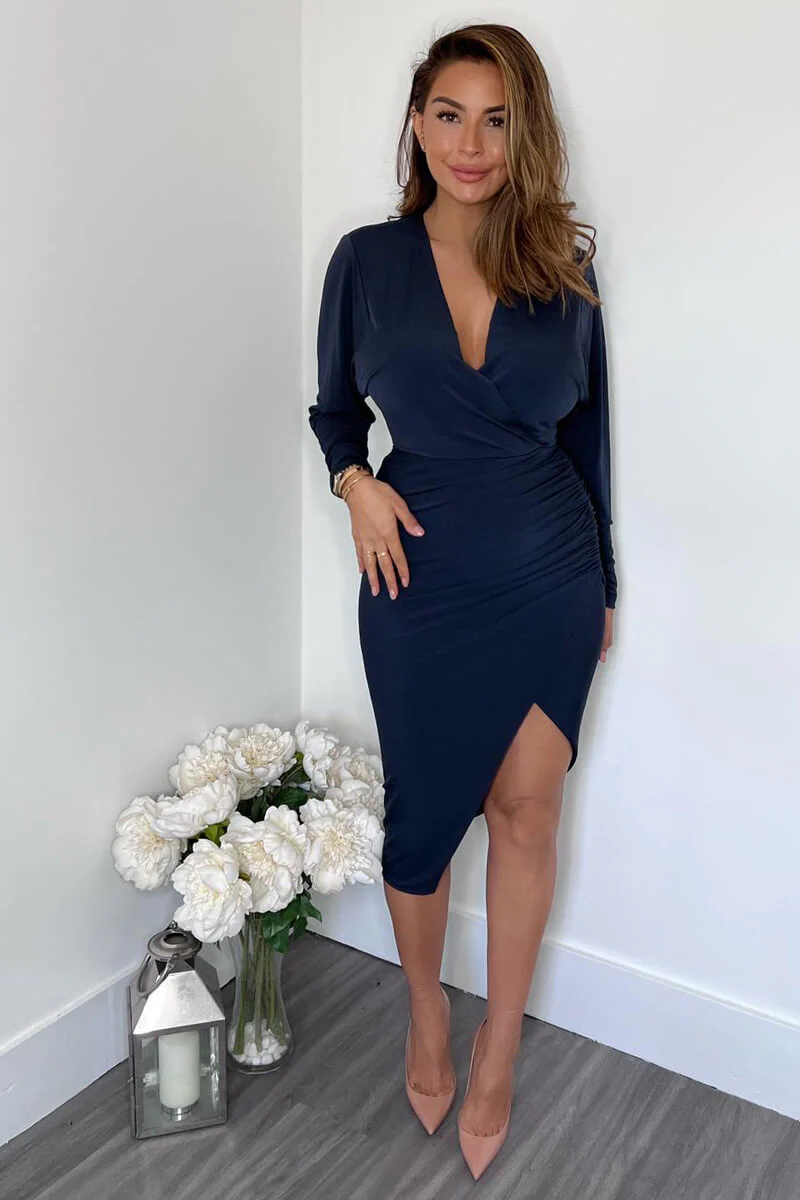 Navy Ruched Side Wrap Top Midi Dress - Swimclubus