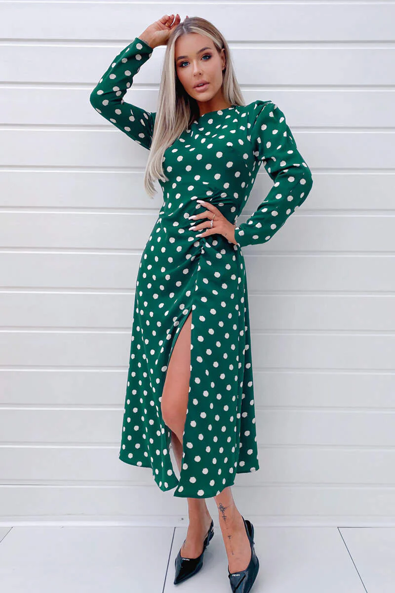 Green Spot Ruched Detail Midi Dress - Swimclubus
