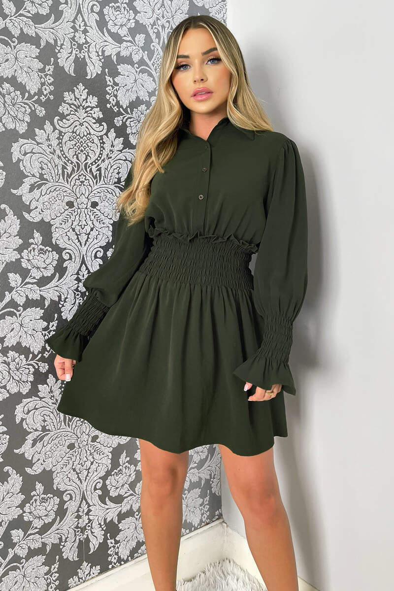 Olive Shirred Waist Long Sleeve Shirt Dress - Swimclubus