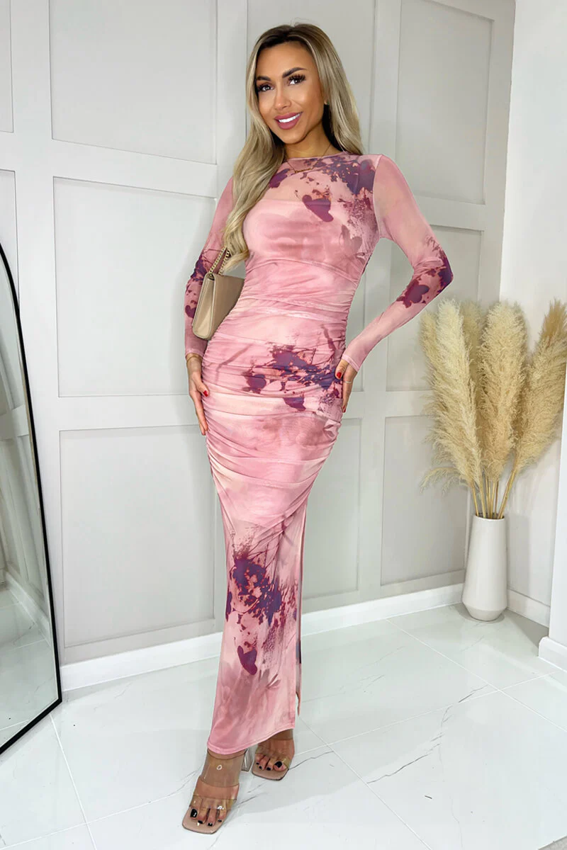 Blush Printed Mesh Overlay Long Sleeve Bodycon Midi Dress - Swimclubus
