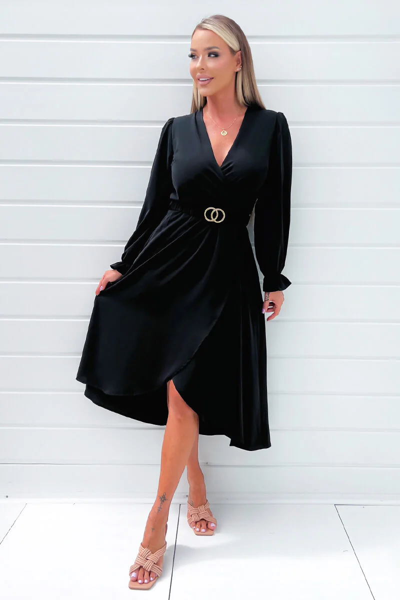 Black Long Sleeve Belted Midi Dress - Swimclubus