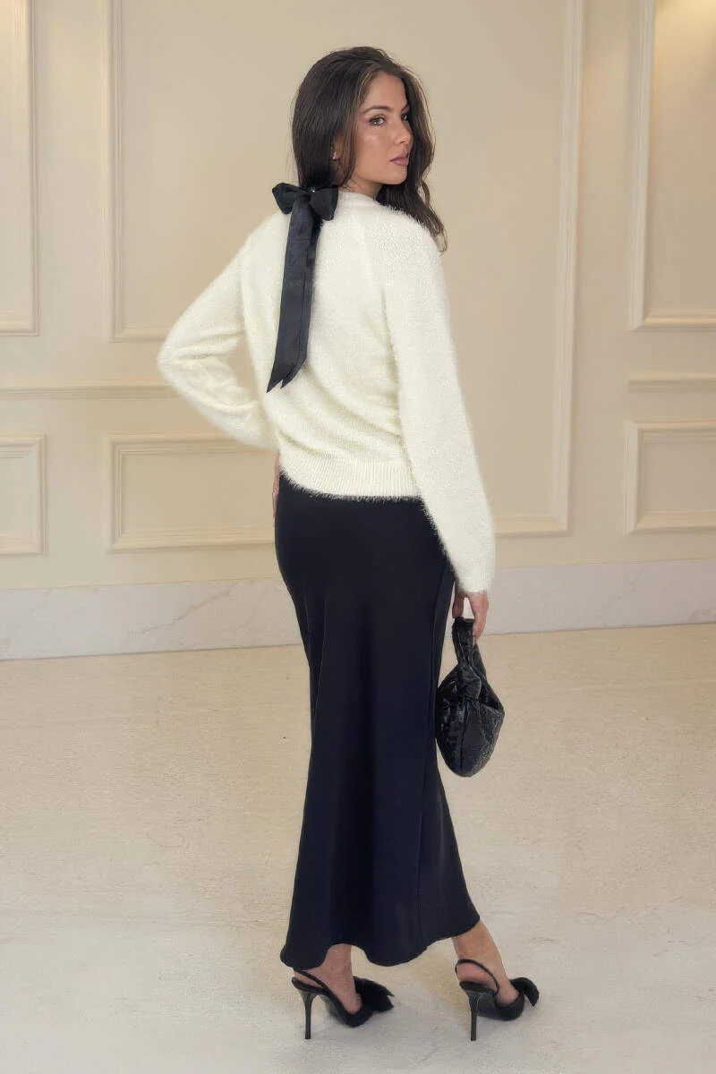 Cream Fluffy Knit Satin Bow Back Jumper - Swimclubus