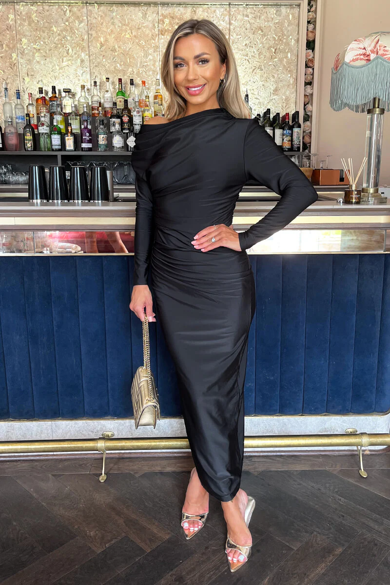 Black Off The Shoulder Long Sleeved Draped Midi Dress - Swimclubus