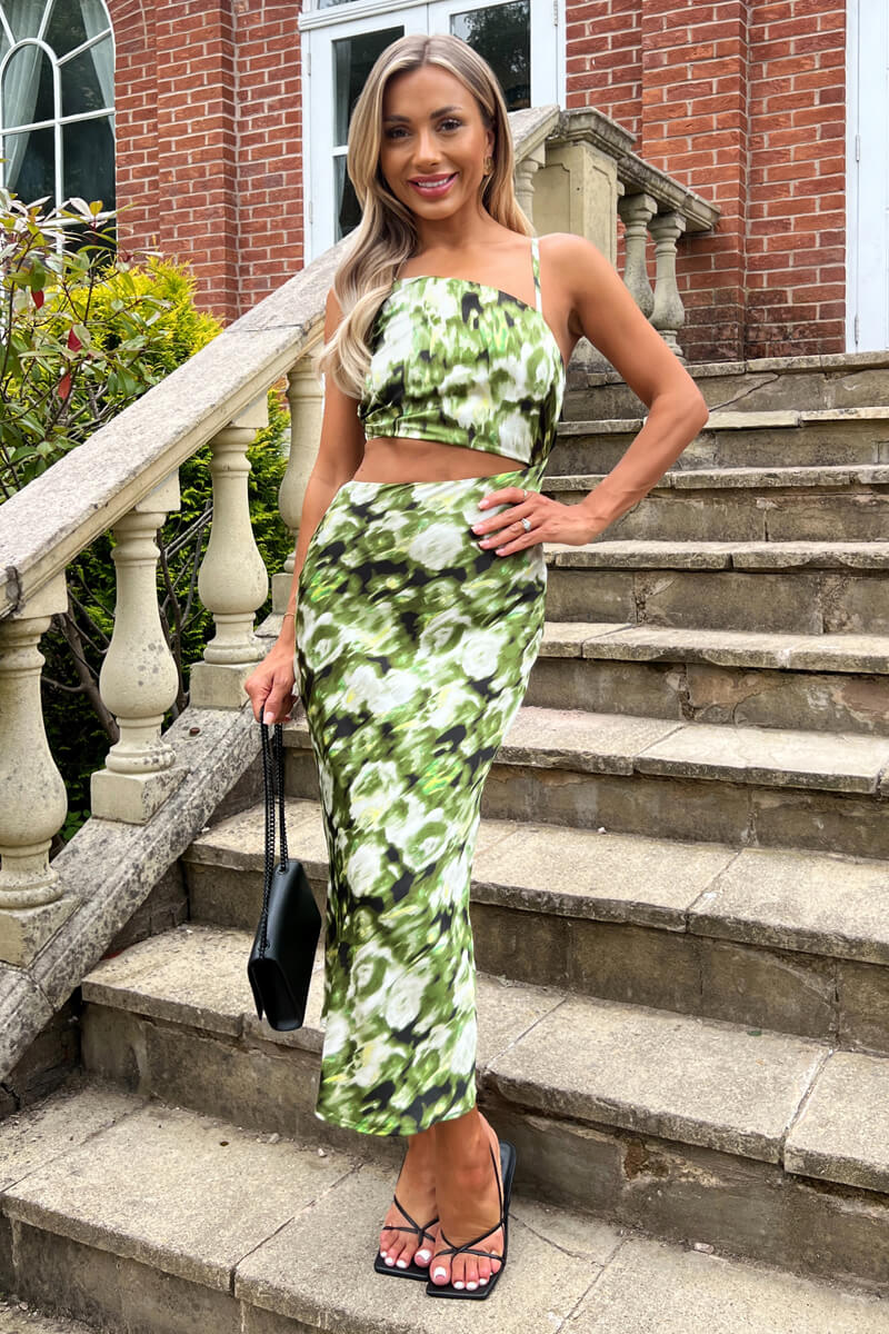 Green Printed Asymmetric Cut Out Midi Dress - Swimclubus
