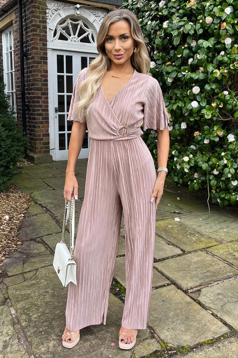 Taupe Wrap Top Short Sleeve Plisse Jumpsuit - Swimclubus