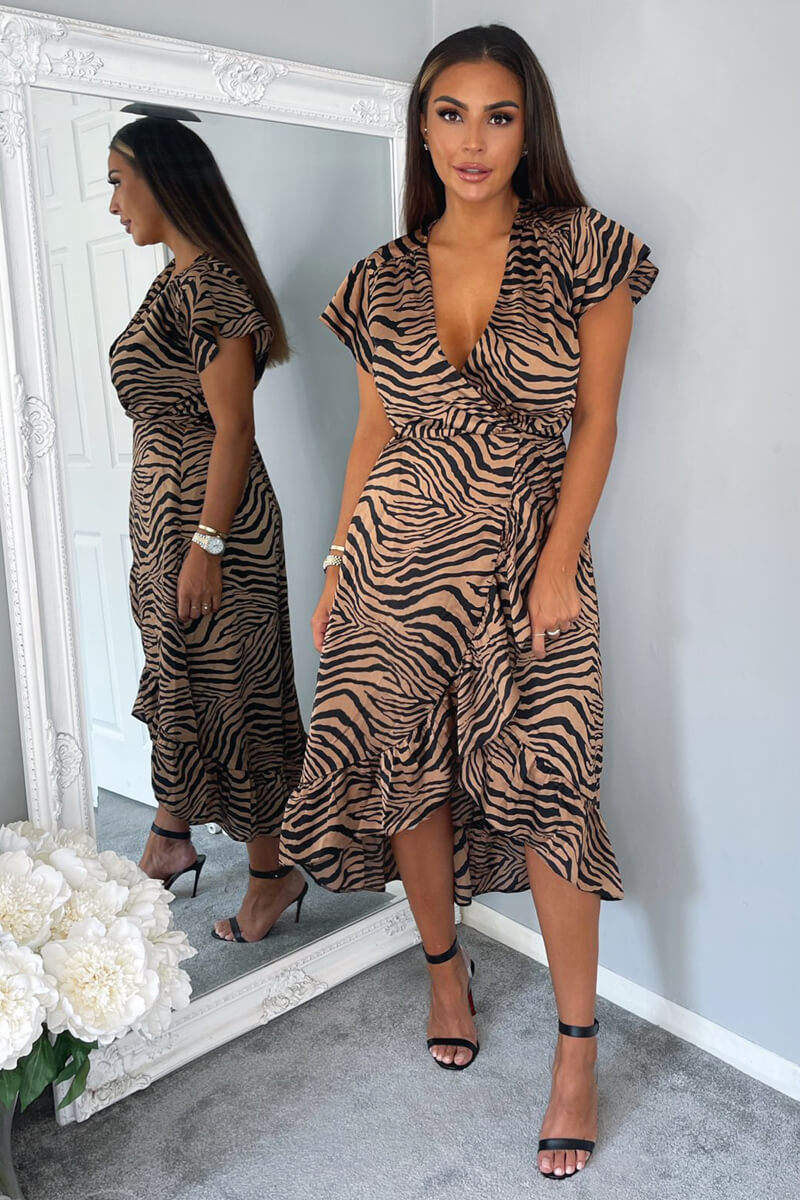 Camel Animal Print Tie Side Wrap Over Midi Dress - Swimclubus