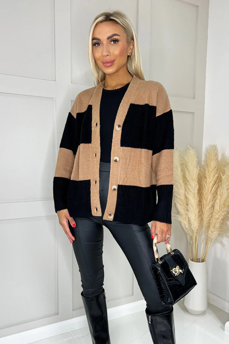 Camel And Black Button Up Stripe Cardigan - Swimclubus