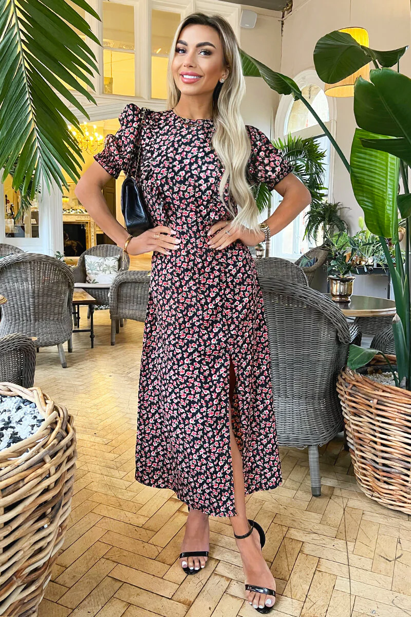 Multi Rose Printed Frill Detail Midi Dress - Swimclubus