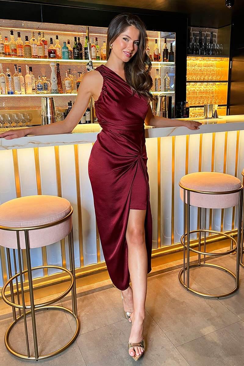 Wine One Shoulder Knot Skirt Satin Midi Dress - Swimclubus