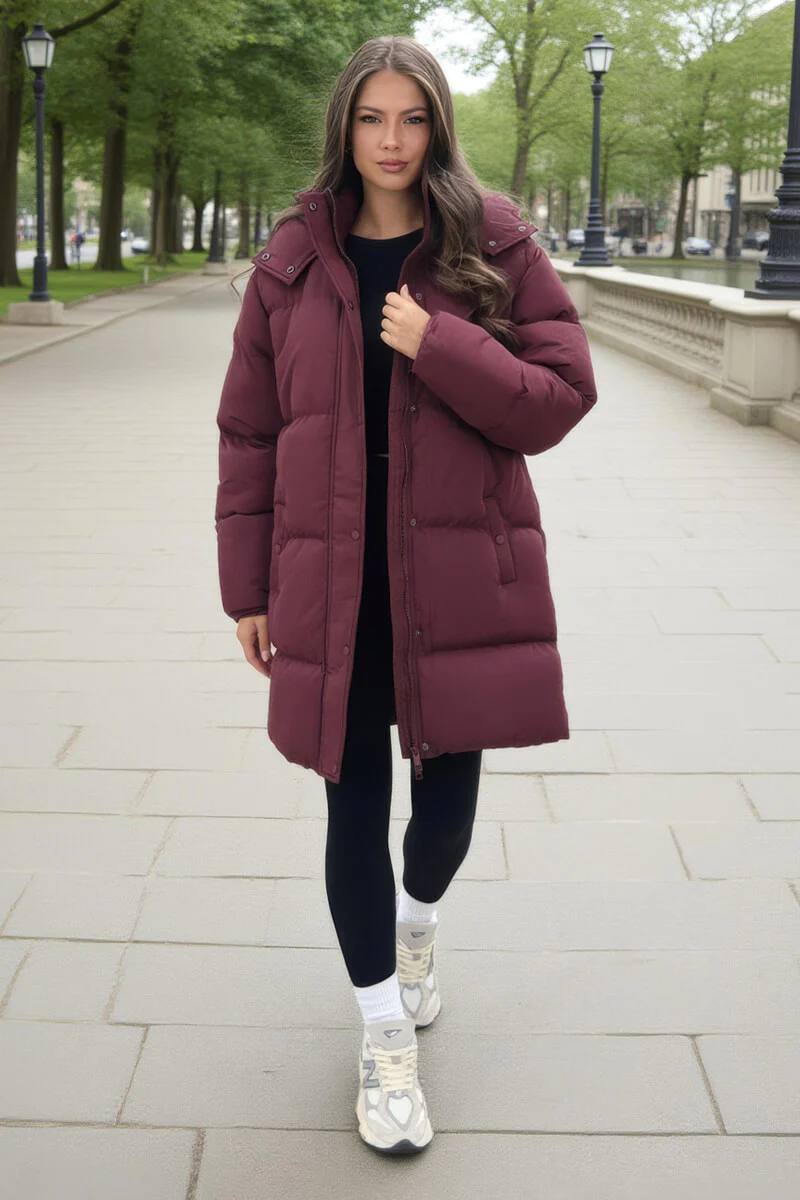 Burgundy Hooded Longline Puffer Coat - Swimclubus