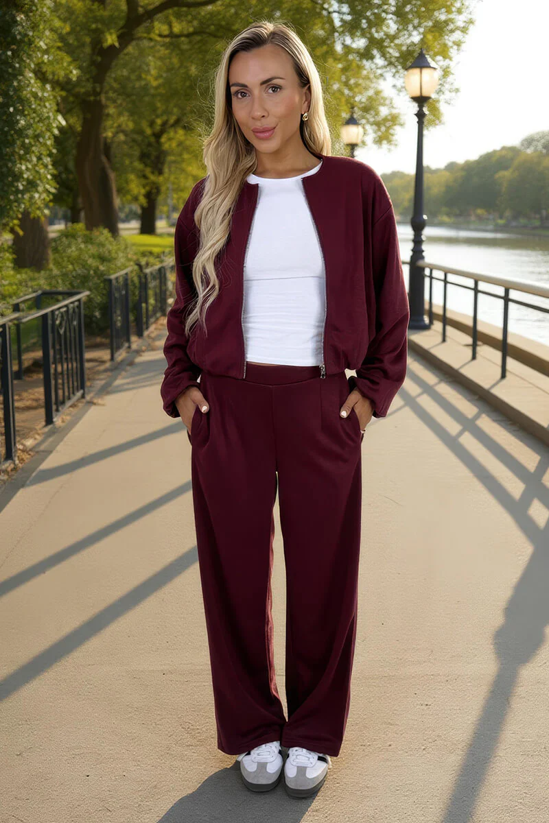 Burgundy Bubble Hem Cropped Soft Bomber Jacket - Swimclubus