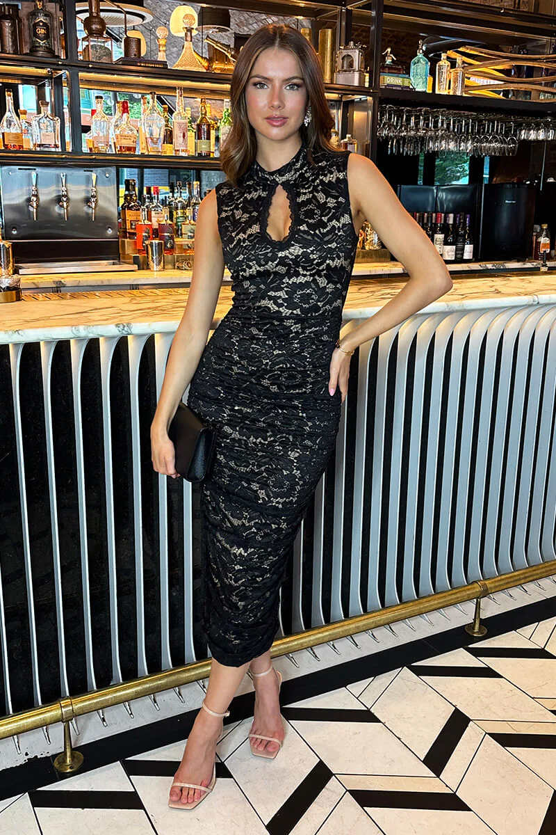 Black Lace Contrast Keyhole Neck Ruched Midi Dress - Swimclubus