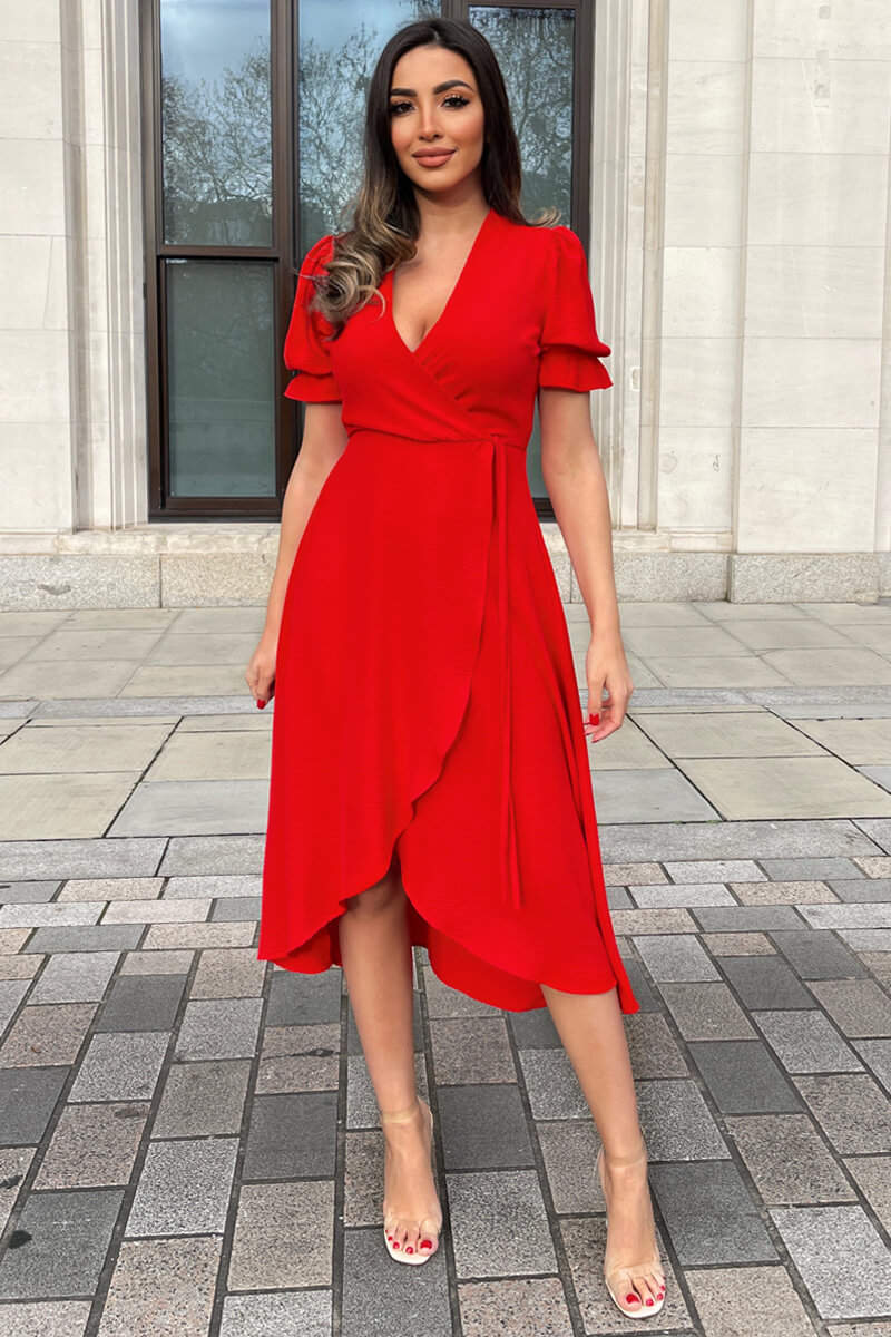 Red Wrap Side Tie Midi Dress - Swimclubus