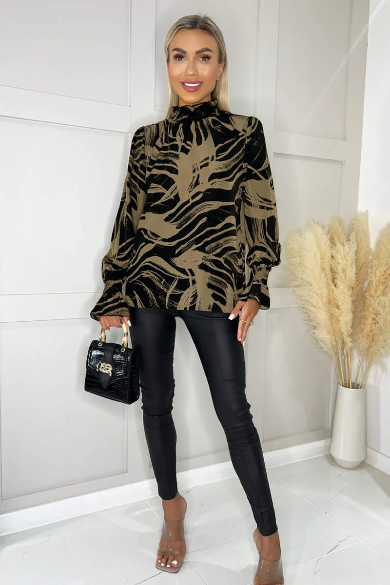Black and Khaki Print Shirred Neck Top - Swimclubus