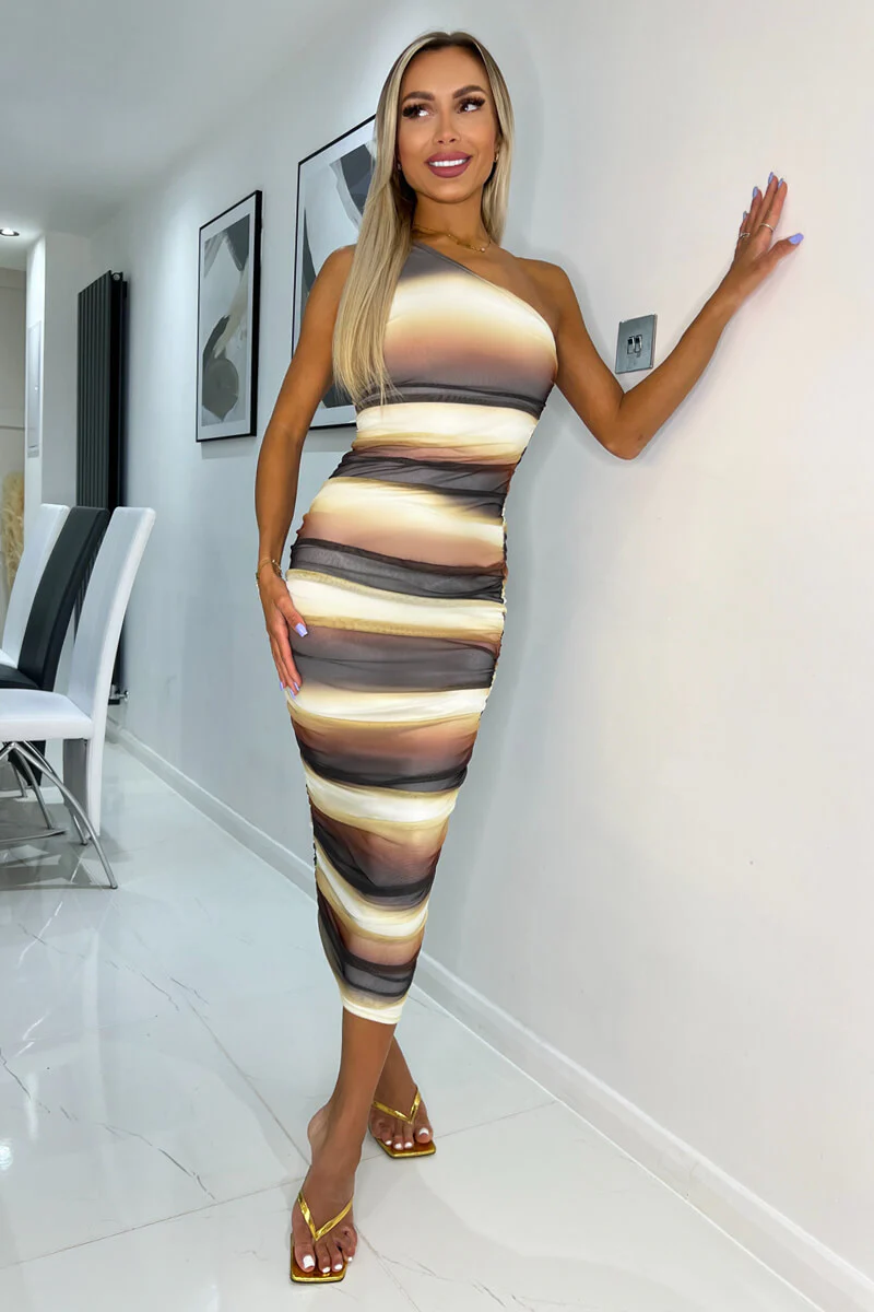 Brown Ombre Printed Mesh One Shoulder Bodycon Midi Dress - Swimclubus