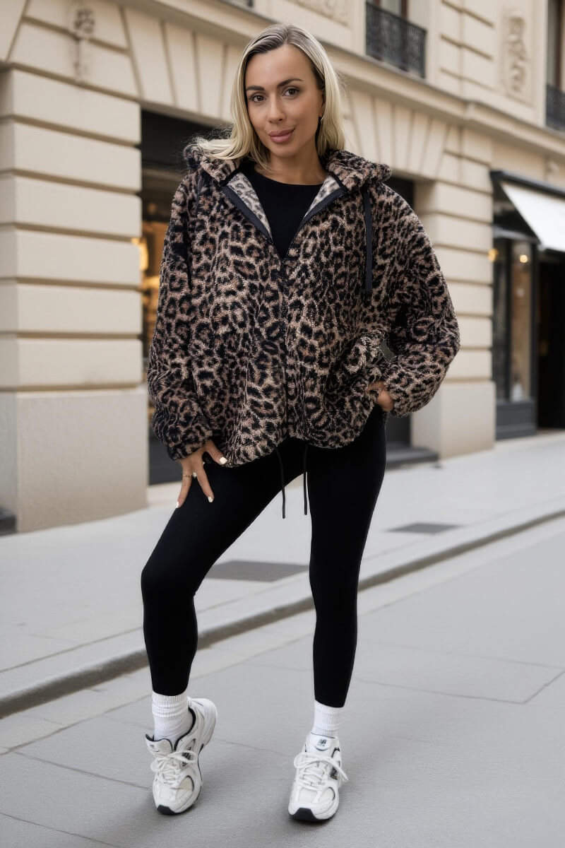 Leopard Print Drawstring Hooded Teddy Jacket - Swimclubus