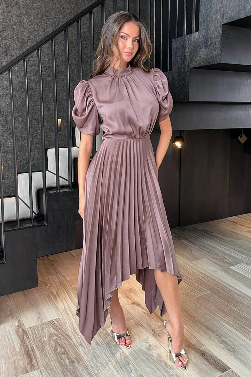 Taupe High Neck Puff Sleeve Zig Zag Hem Pleated Midi Dress - Swimclubus