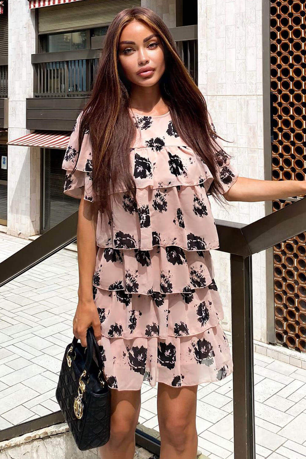 Dusty Pink Floral Printed Tiered Dress - Swimclubus