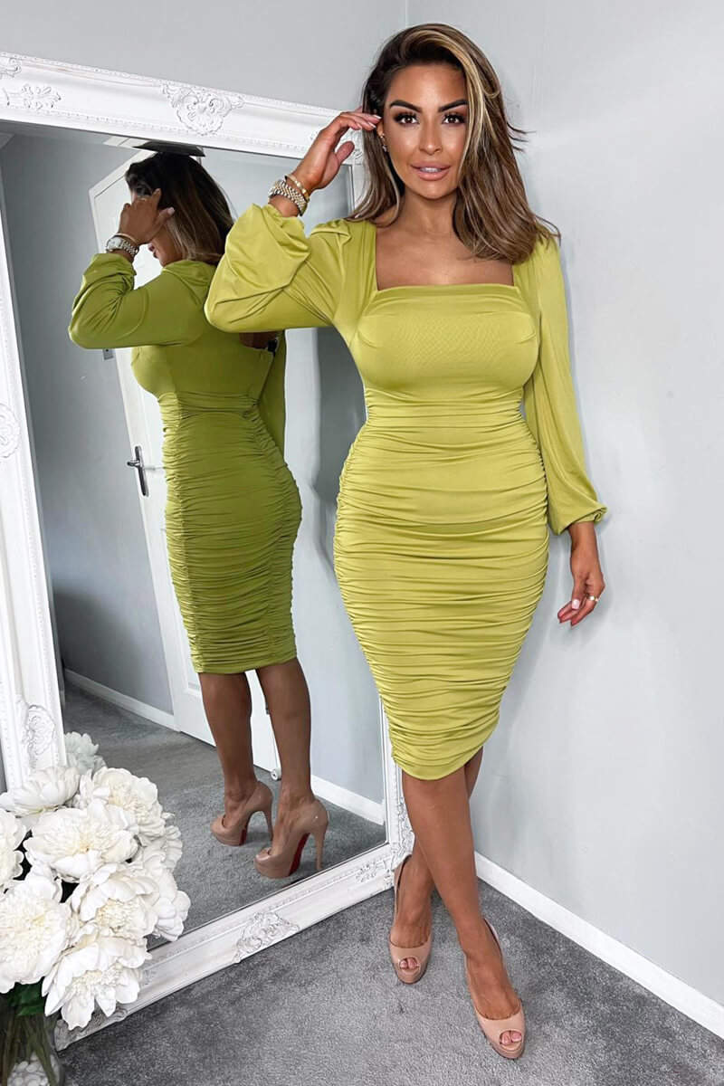 Lime Square Neck Ruched Long Sleeve Midi Dress - Swimclubus