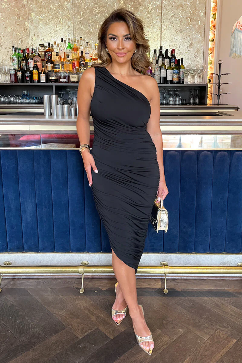 Black One Shoulder Asymmetric Hem Ruched Midi Dress - Swimclubus