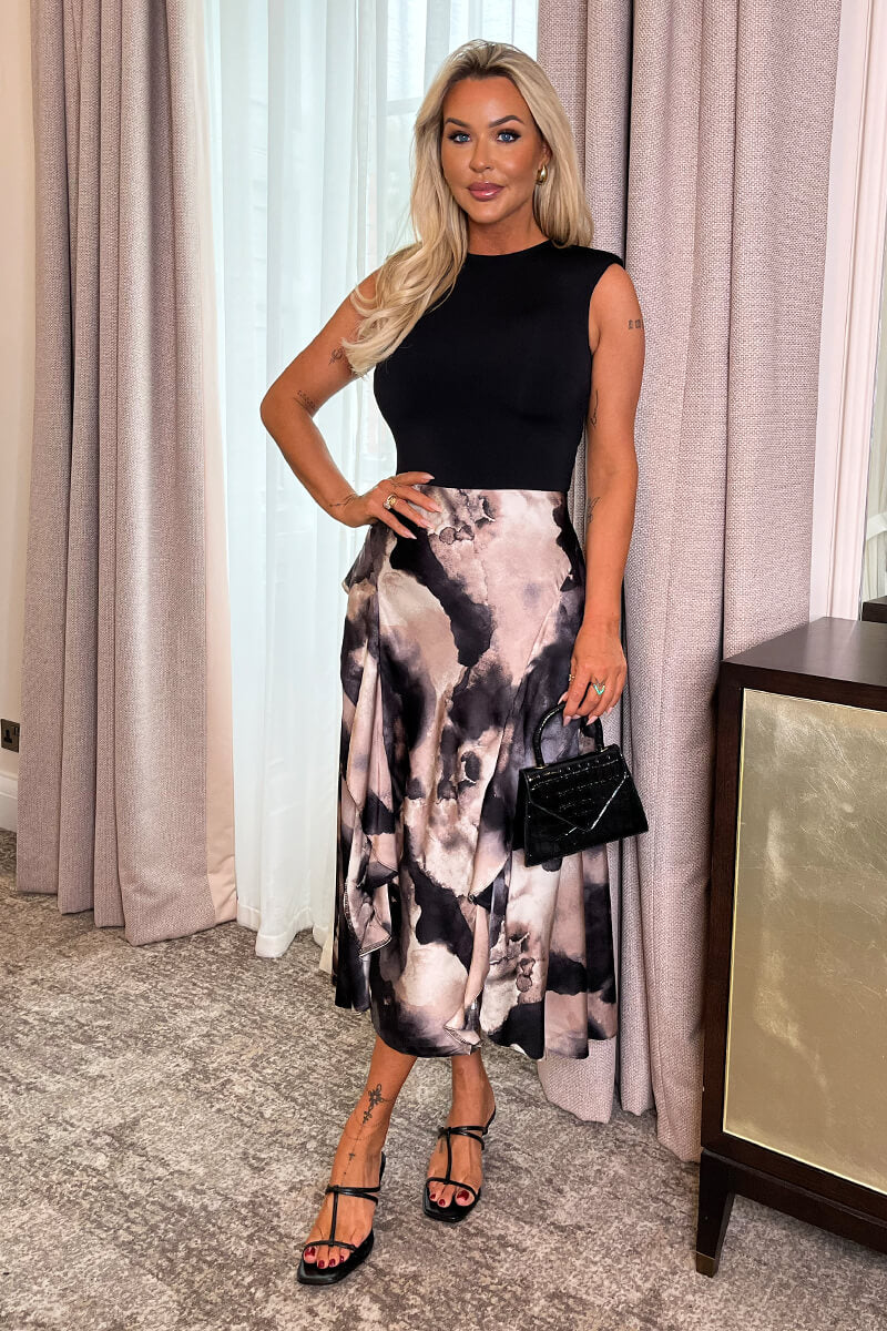 Multi Marble Print 2 In 1 Double Frill Split Midi Dress - Swimclubus