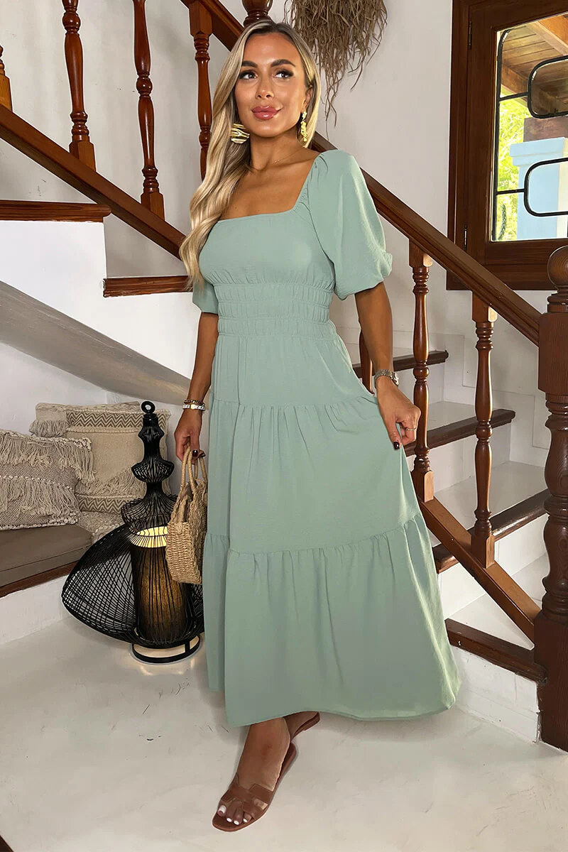 Duck Egg Puff Sleeve Shirred Waist Smock Midi Dress - Swimclubus