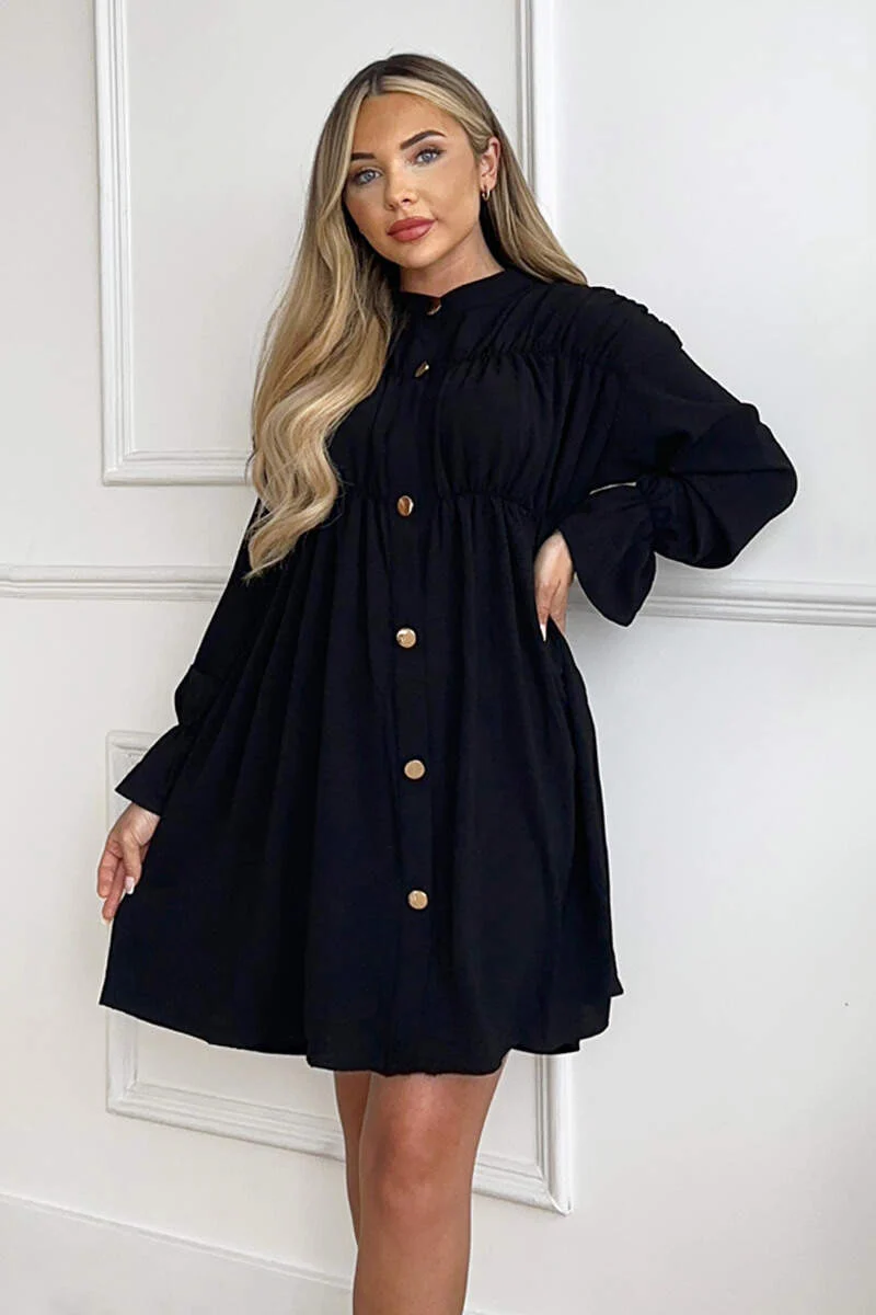 Black Long Sleeve Gathered Detail Button Front Dress - Swimclubus
