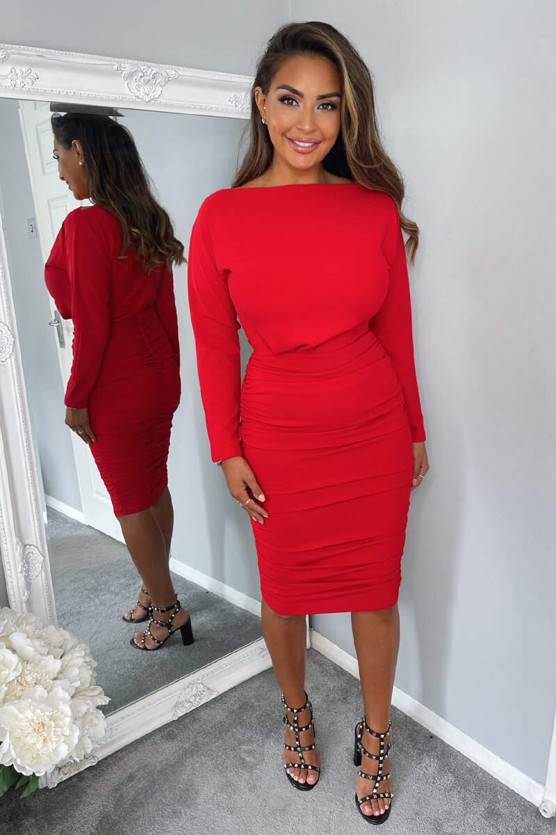 Red Wide Neck Ruched Bodycon Dress - Swimclubus