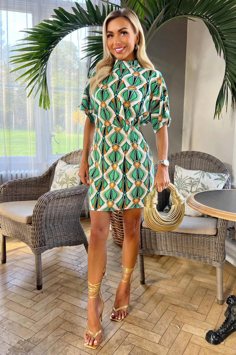 Multi Print Short Sleeve High Neck Skater Dress - Swimclubus