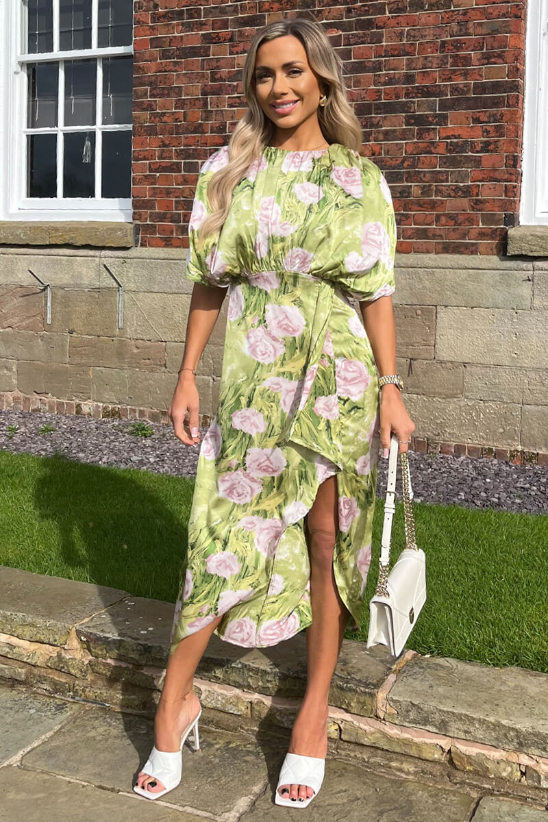 Green Floral Satin Batwing Top Wrap Skirt Midi Dress - Swimclubus