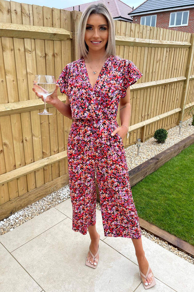 Red Abstract Wrap Over Jumpsuit - Swimclubus