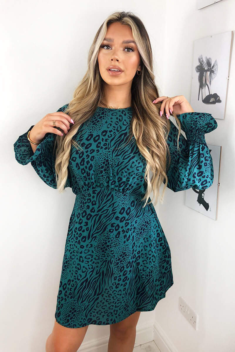 Teal Animal Printed Elastic Cuff Dress - Swimclubus
