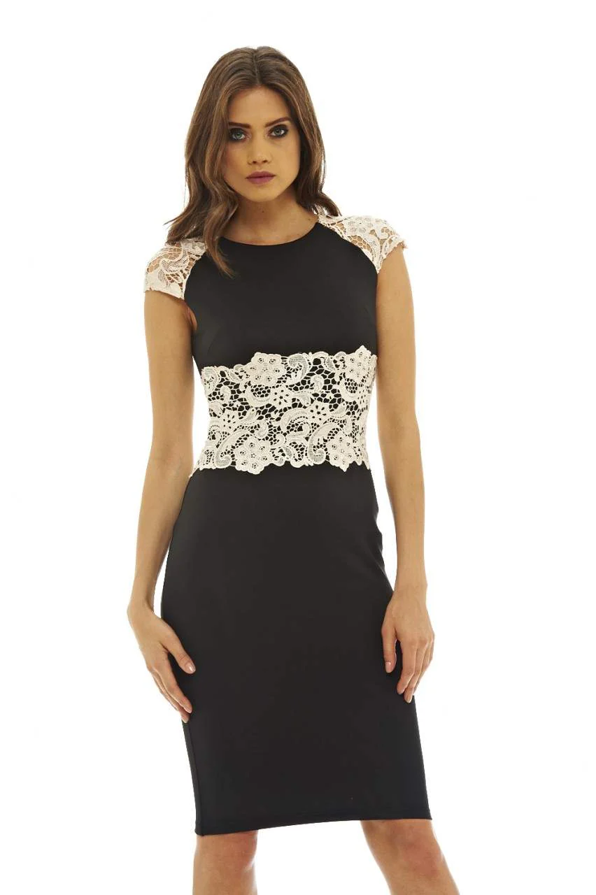 Black/Nude  Midi Dress with Contrast Crochet Detail - Swimclubus