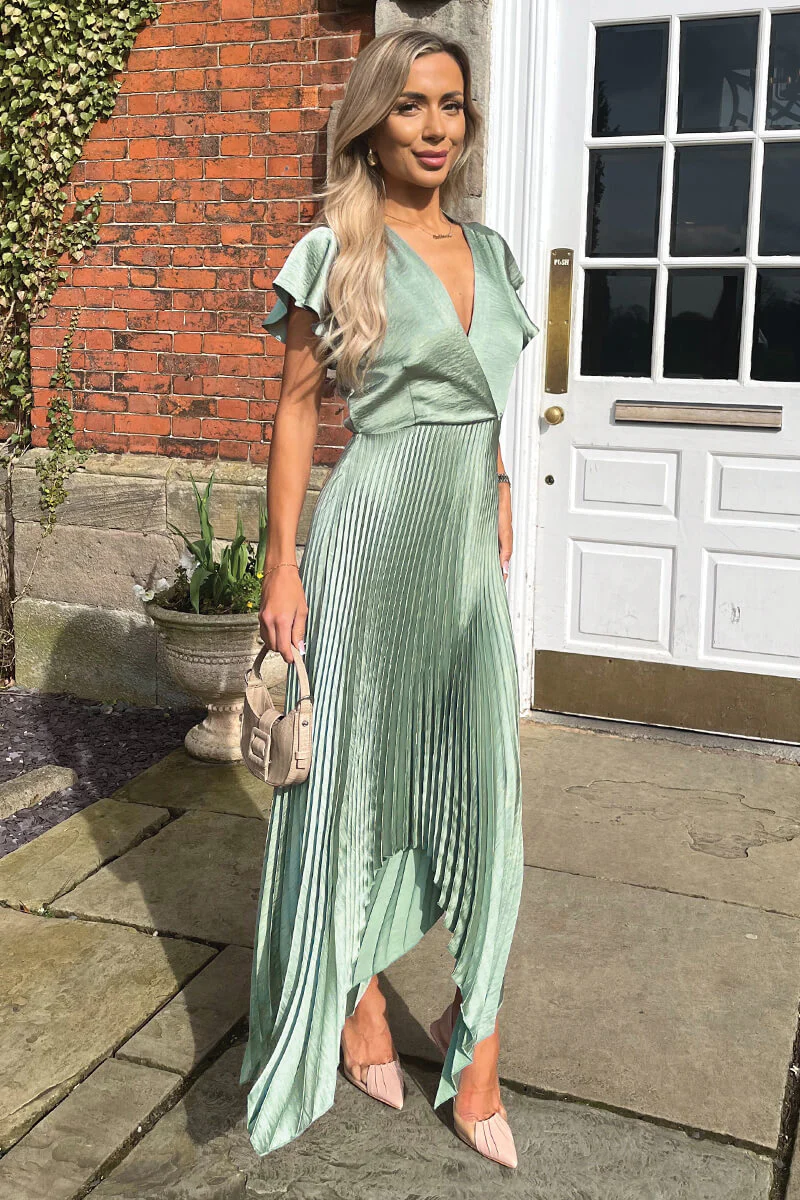 Duck Egg Wrap Top Zig Zag Hem Pleated Midi Dress - Swimclubus