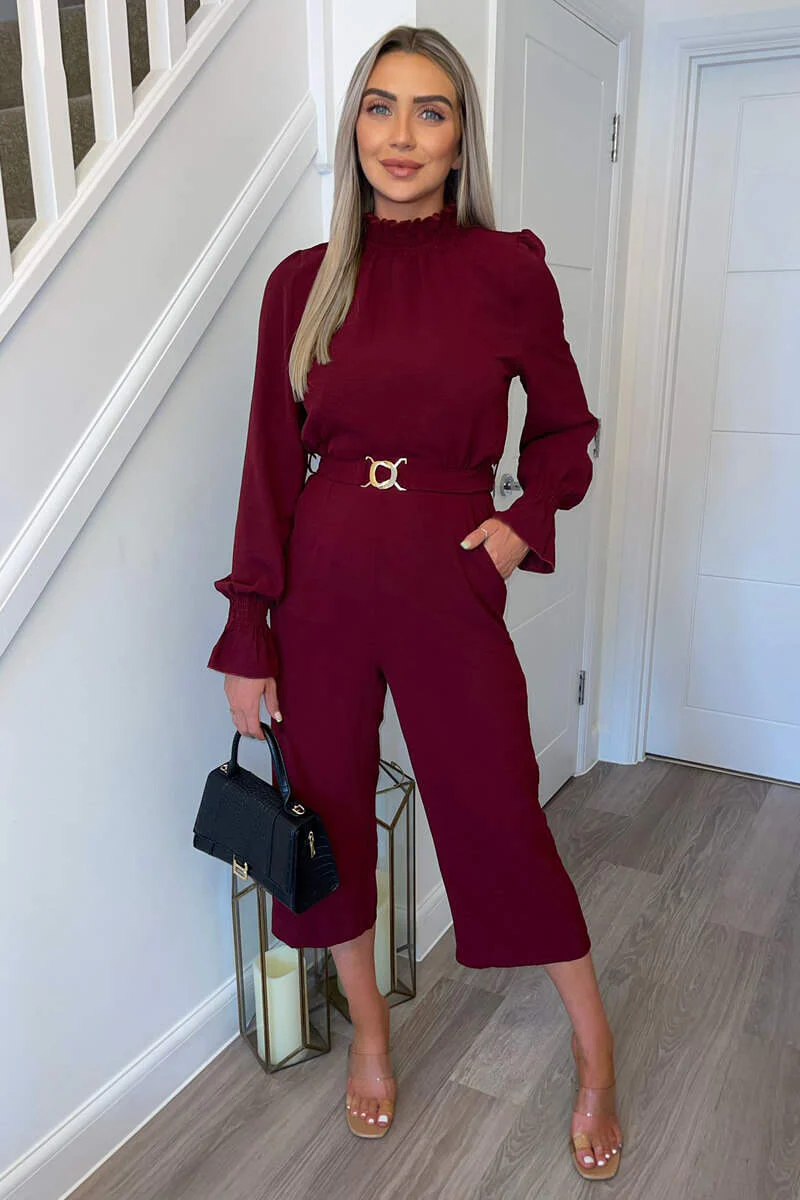 Wine High Neck Long Sleeve Belted Jumpsuit - Swimclubus