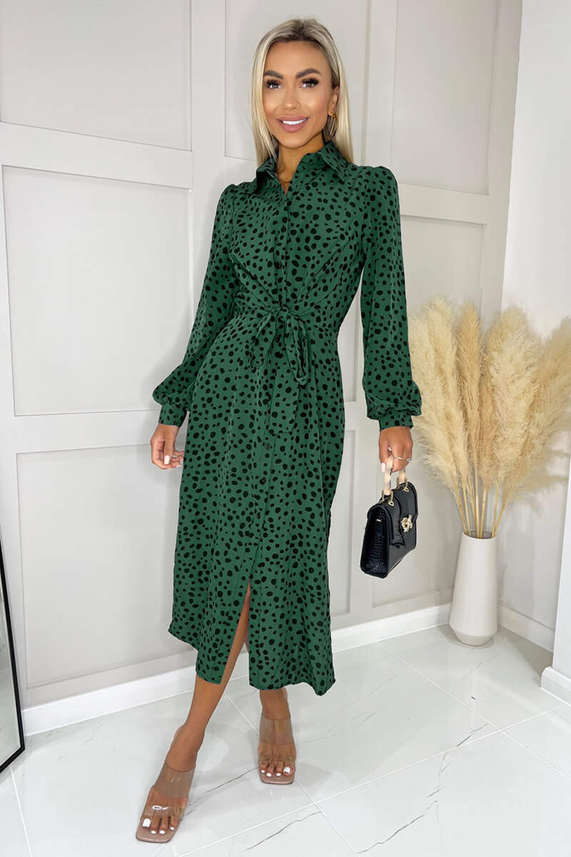 Teal Printed Tie Waist Button Front Shirt Midi Dress - Swimclubus