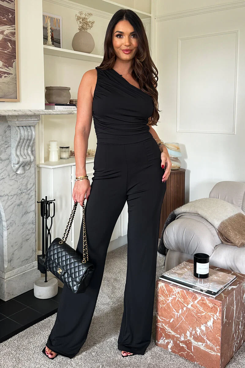 Black One Shoulder Ruched Top Slinky Jumpsuit - Swimclubus