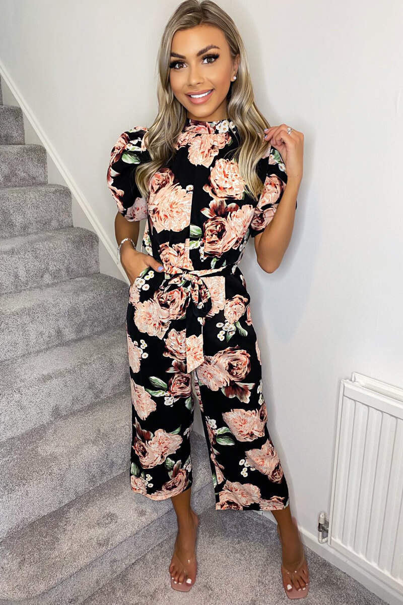 Black Rose Print Puff Sleeve Tie Waist Jumpsuit - Swimclubus