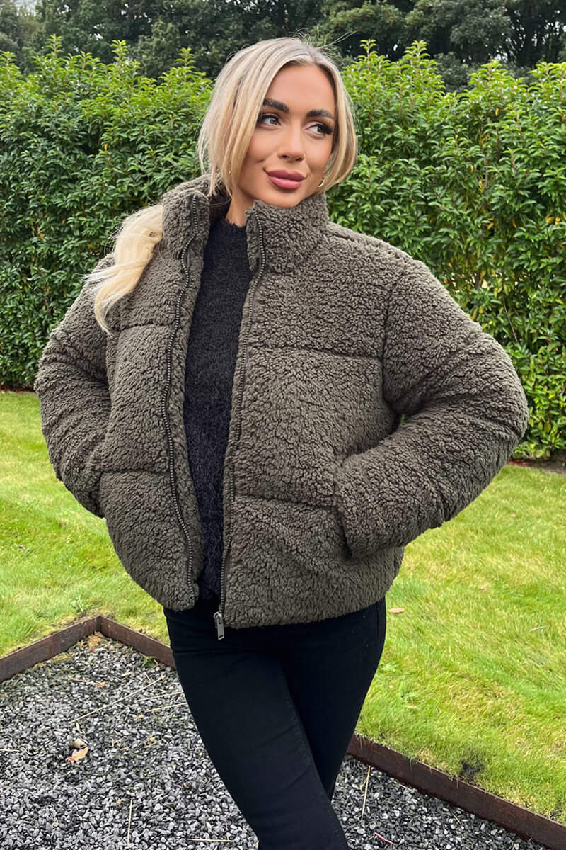 Khaki Teddy Panelled Short Coat - Swimclubus