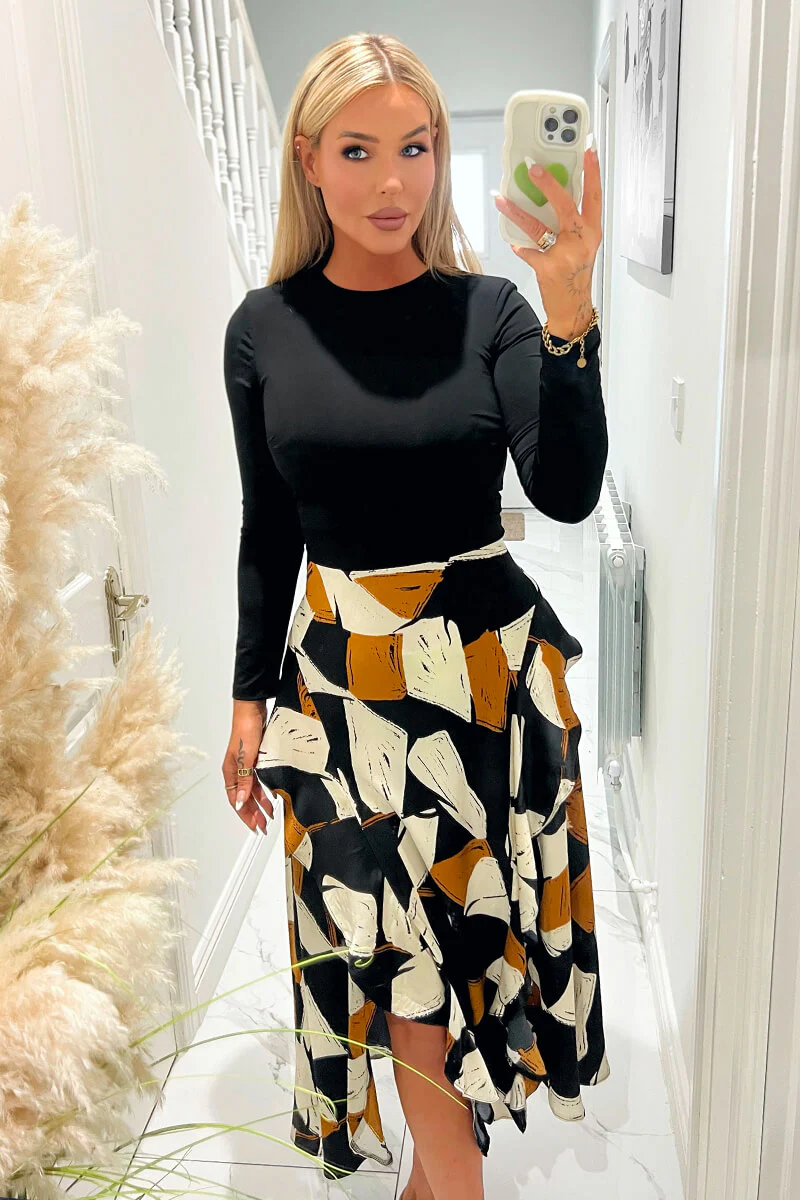Multi Geometric Print 2 in 1 Long Sleeve Double Frill Split Midi Dress - Swimclubus